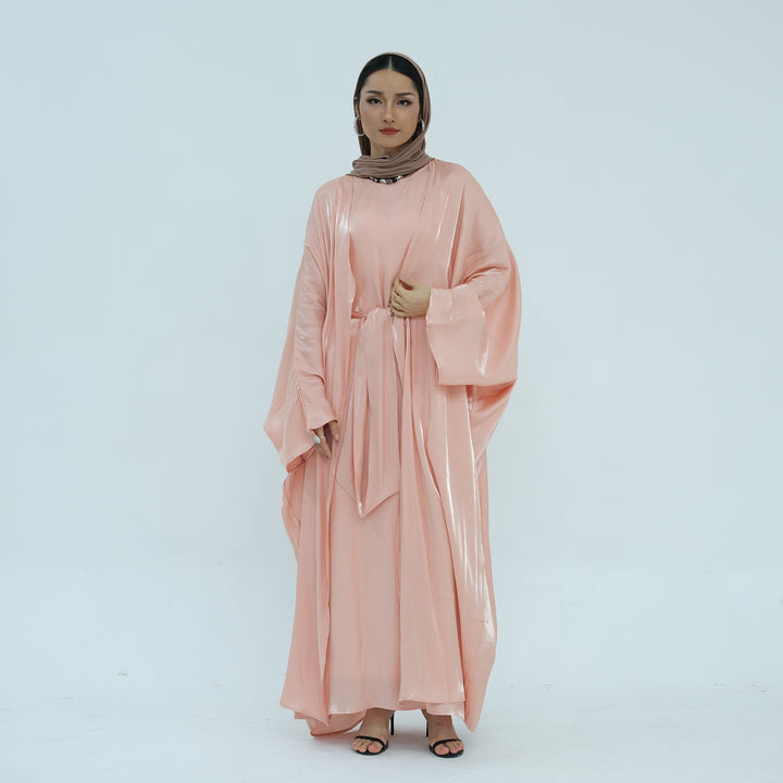 Get trendy with Tasnim Batwing Shimmer Abaya Set - Coral -  available at Voilee NY. Grab yours for $89.90 today!