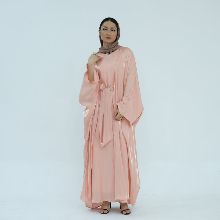 Get trendy with Tasnim Batwing Shimmer Abaya Set - Coral -  available at Voilee NY. Grab yours for $89.90 today!