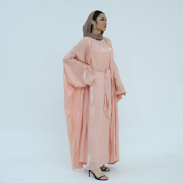 Get trendy with Tasnim Batwing Shimmer Abaya Set - Coral -  available at Voilee NY. Grab yours for $89.90 today!