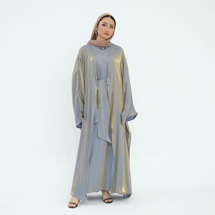 Get trendy with Tasnim Batwing Shimmer Abaya Set - Pewter -  available at Voilee NY. Grab yours for $89.90 today!