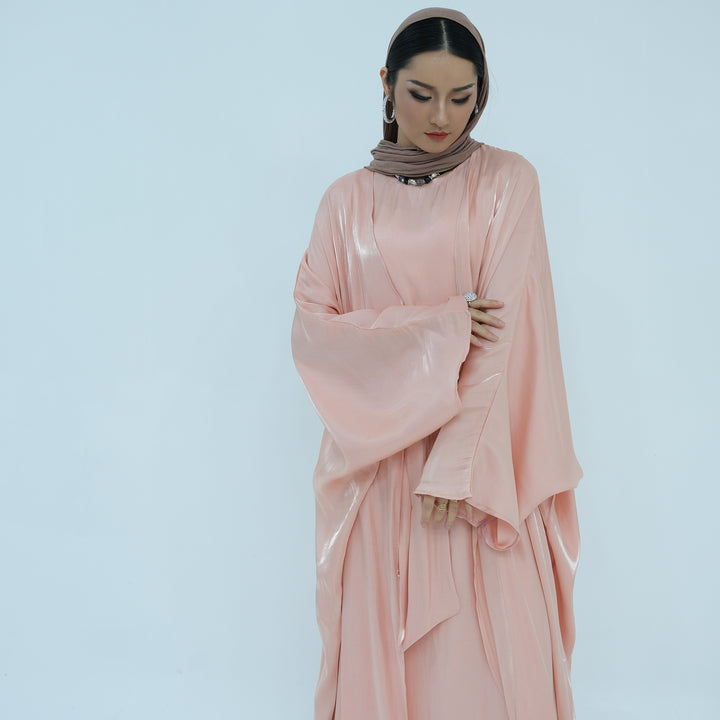 Get trendy with Tasnim Batwing Shimmer Abaya Set - Coral -  available at Voilee NY. Grab yours for $89.90 today!