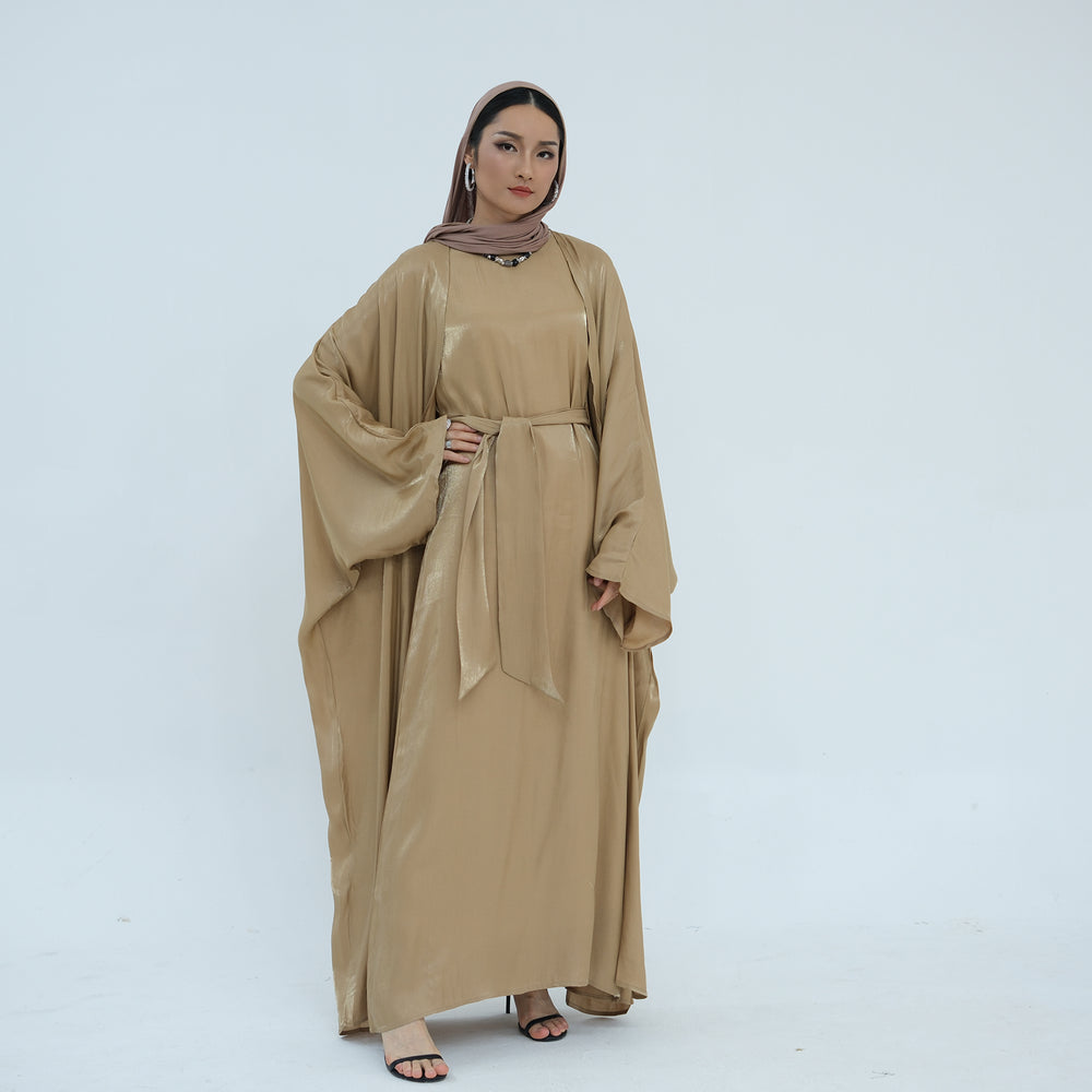 Get trendy with Tasnim Batwing Shimmer Abaya Set - Bronze -  available at Voilee NY. Grab yours for $89.90 today!