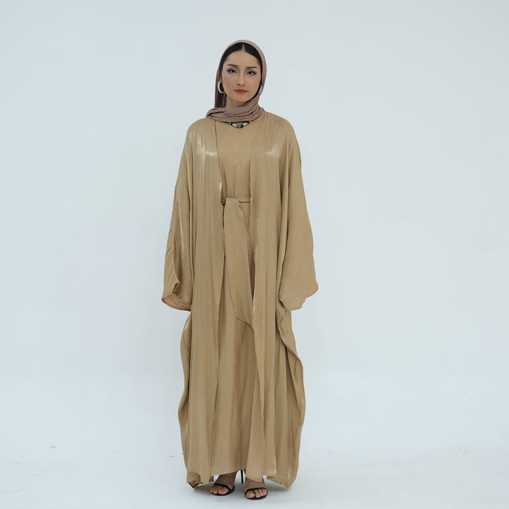 Get trendy with Tasnim Batwing Shimmer Abaya Set - Bronze -  available at Voilee NY. Grab yours for $89.90 today!