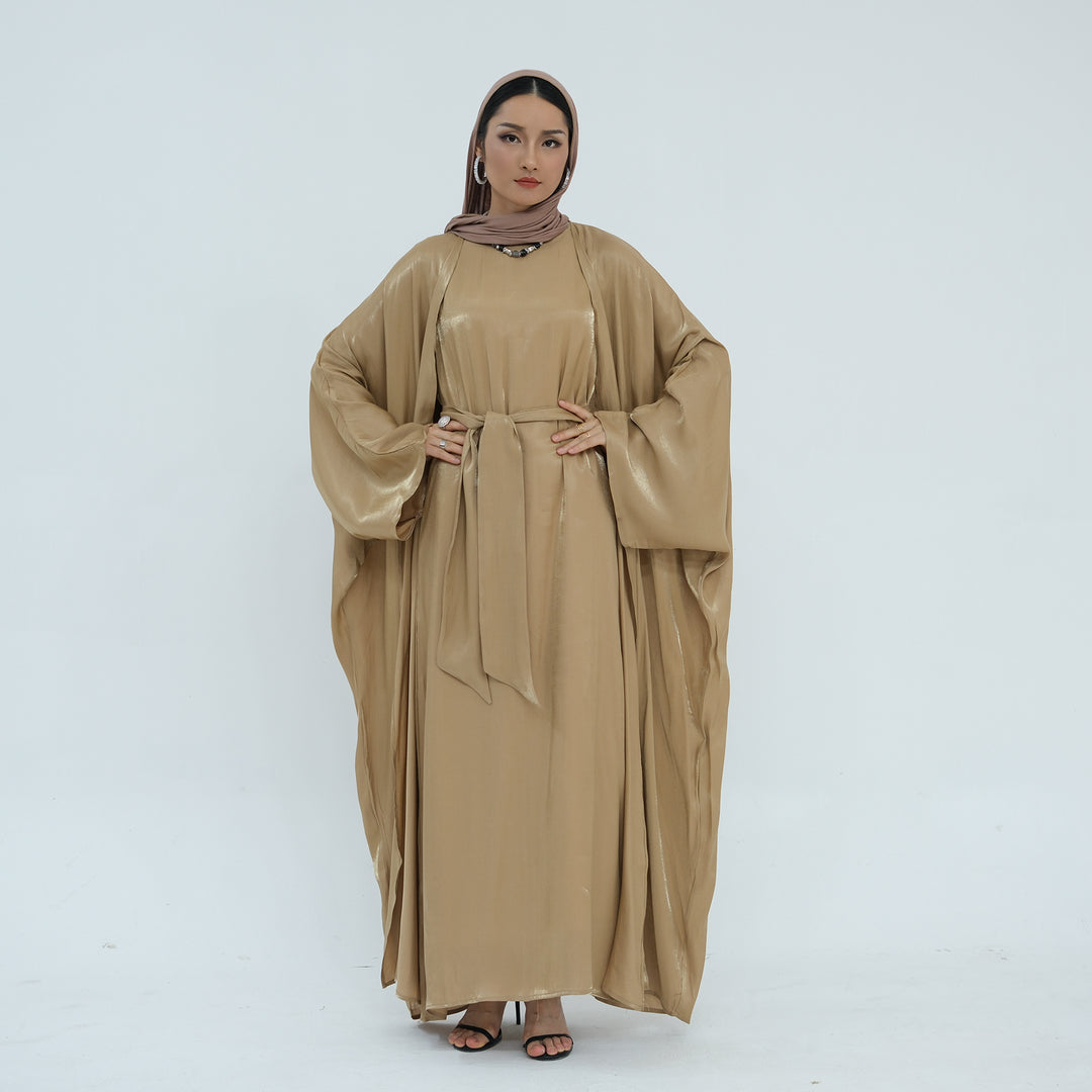 Get trendy with Tasnim Batwing Shimmer Abaya Set - Bronze -  available at Voilee NY. Grab yours for $89.90 today!