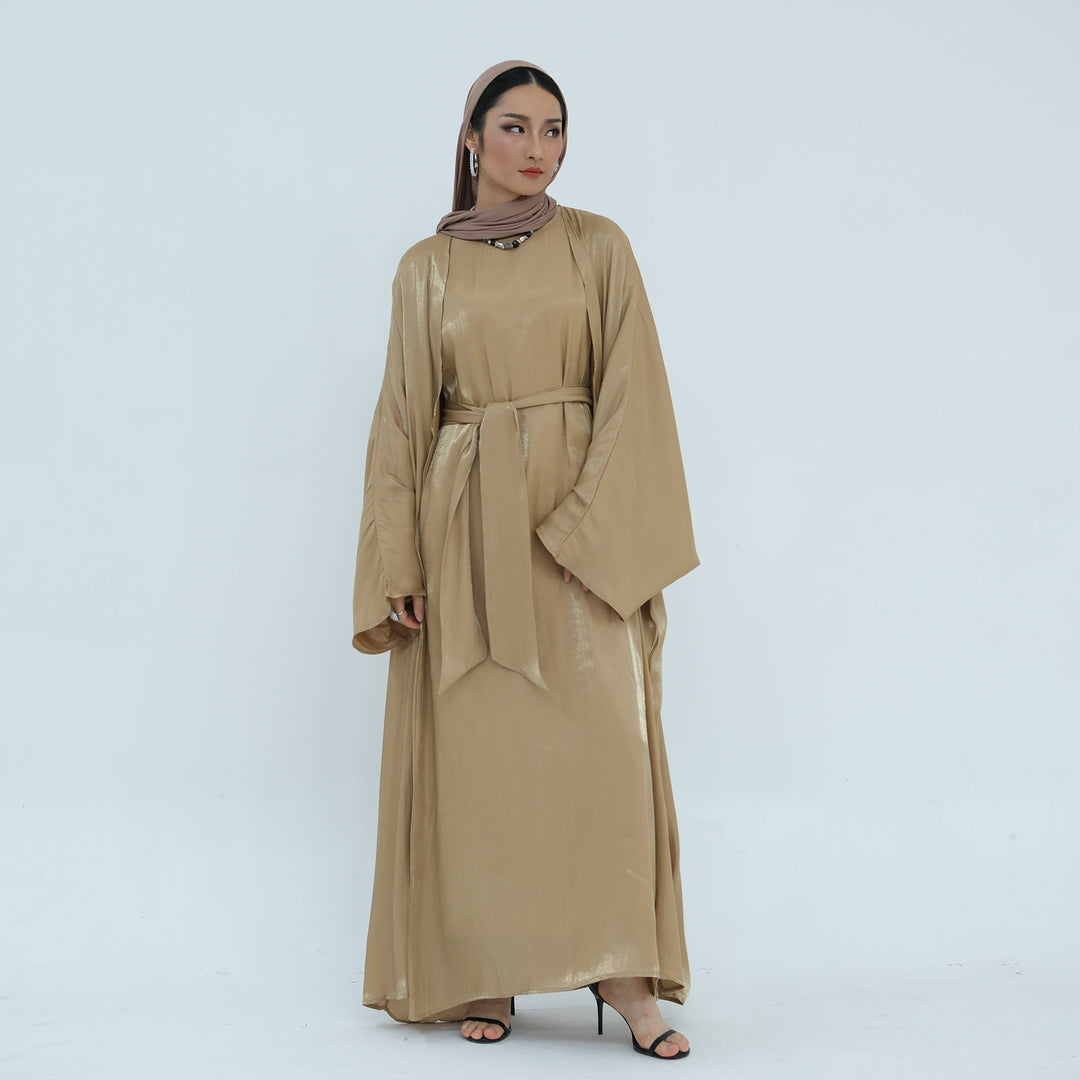 Get trendy with Tasnim Batwing Shimmer Abaya Set - Bronze -  available at Voilee NY. Grab yours for $89.90 today!