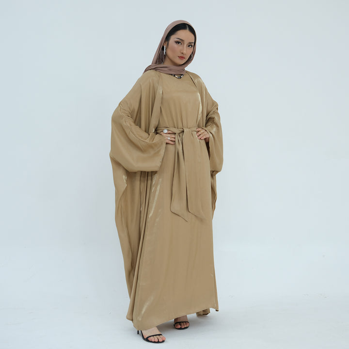 Get trendy with Tasnim Batwing Shimmer Abaya Set - Bronze -  available at Voilee NY. Grab yours for $89.90 today!