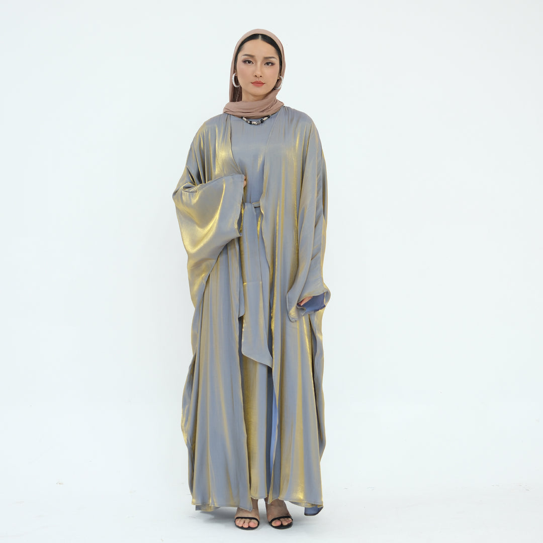 Get trendy with Tasnim Batwing Shimmer Abaya Set - Pewter -  available at Voilee NY. Grab yours for $89.90 today!