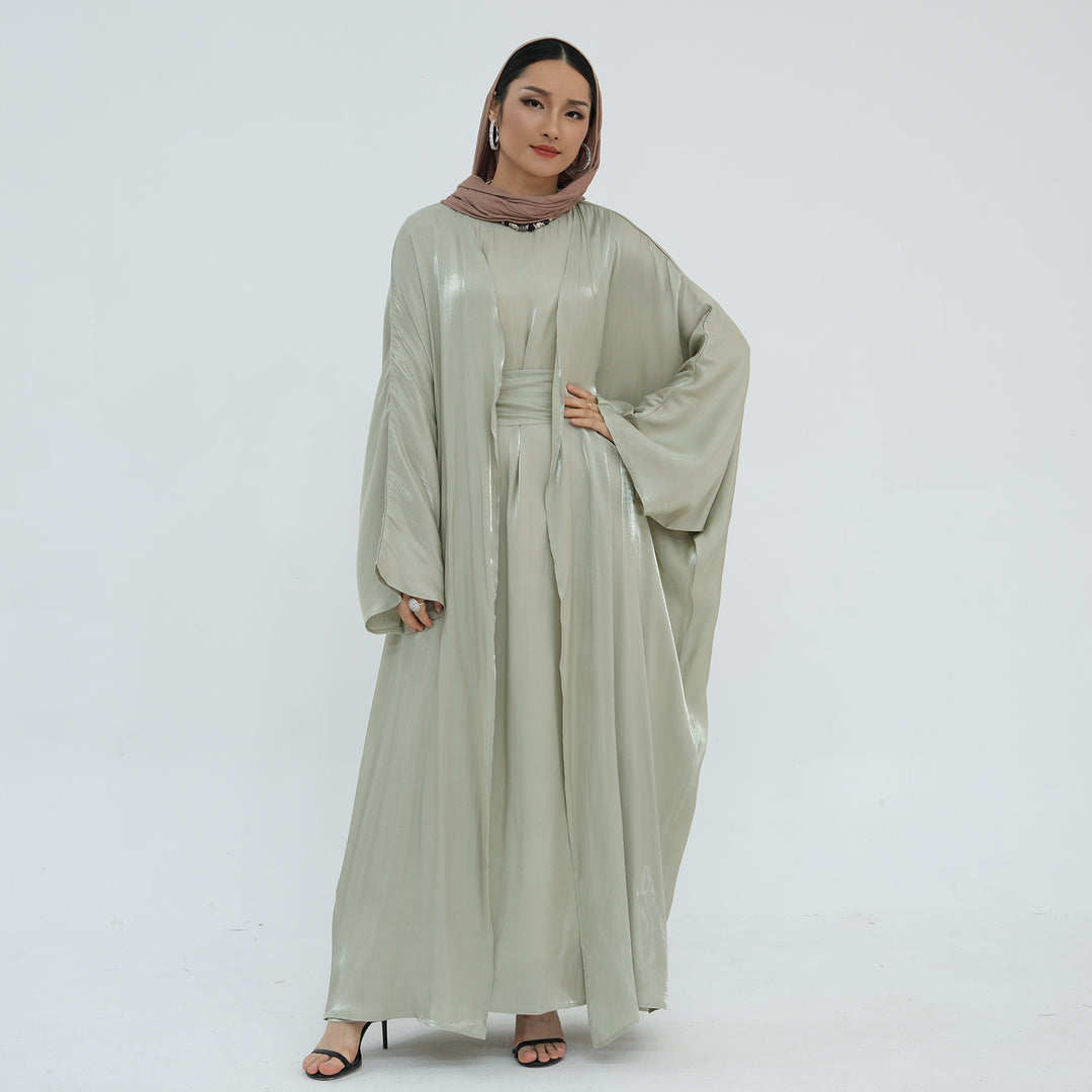 Get trendy with Tasnim Batwing Shimmer Abaya Set - Sage -  available at Voilee NY. Grab yours for $89.90 today!