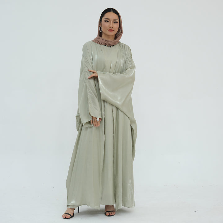 Get trendy with Tasnim Batwing Shimmer Abaya Set - Sage -  available at Voilee NY. Grab yours for $89.90 today!