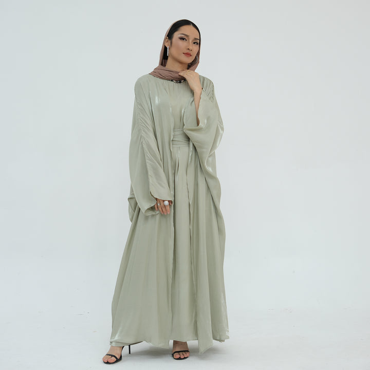 Get trendy with Tasnim Batwing Shimmer Abaya Set - Sage -  available at Voilee NY. Grab yours for $89.90 today!