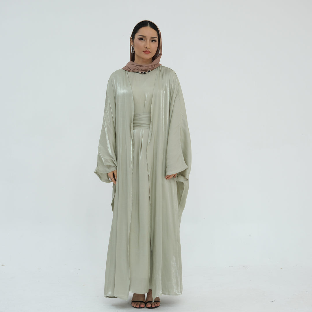 Get trendy with Tasnim Batwing Shimmer Abaya Set - Sage -  available at Voilee NY. Grab yours for $89.90 today!