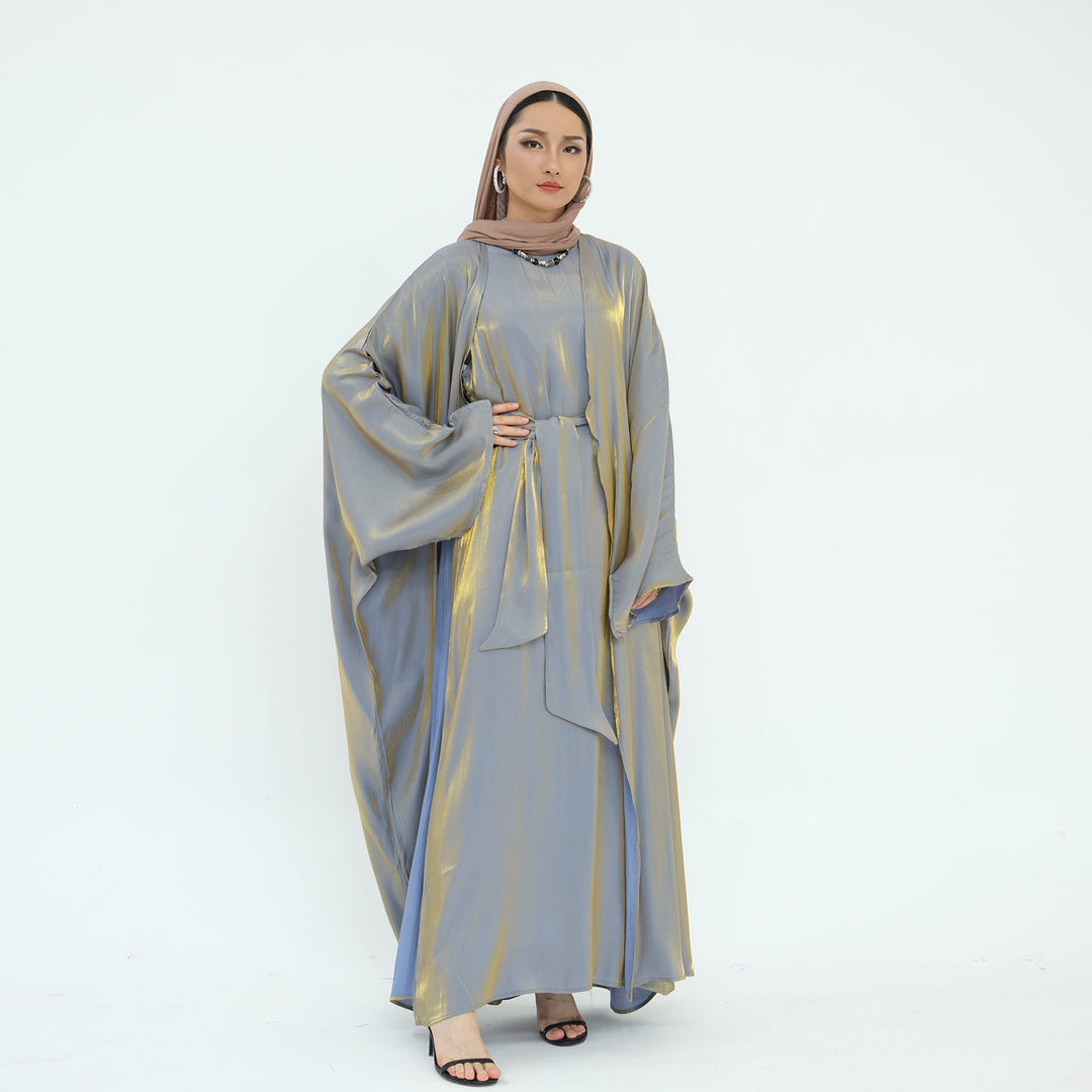 Get trendy with Tasnim Batwing Shimmer Abaya Set - Pewter -  available at Voilee NY. Grab yours for $89.90 today!