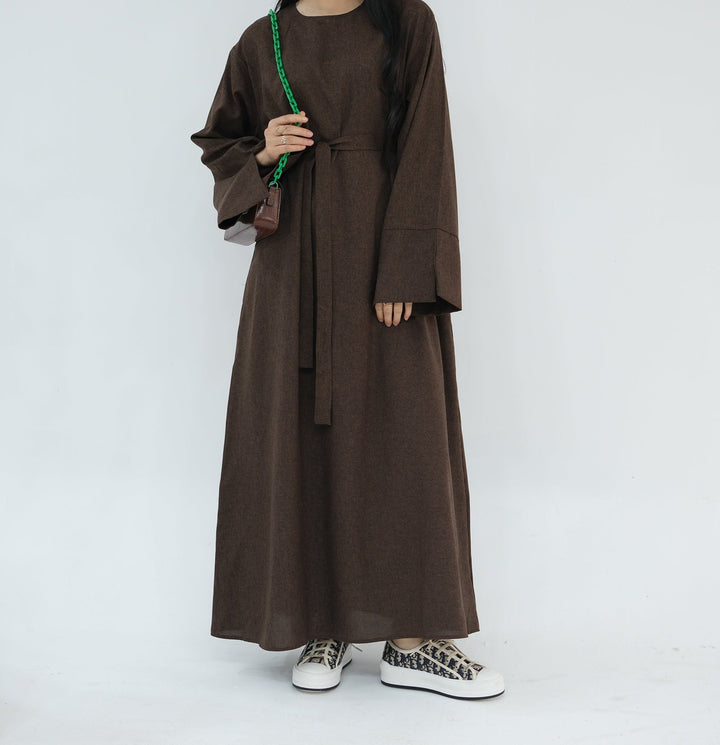 Get trendy with Heather Everyday Abaya - Brown - Dresses available at Voilee NY. Grab yours for $49.90 today!