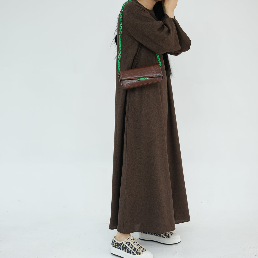 Get trendy with Heather Everyday Abaya - Brown - Dresses available at Voilee NY. Grab yours for $49.90 today!