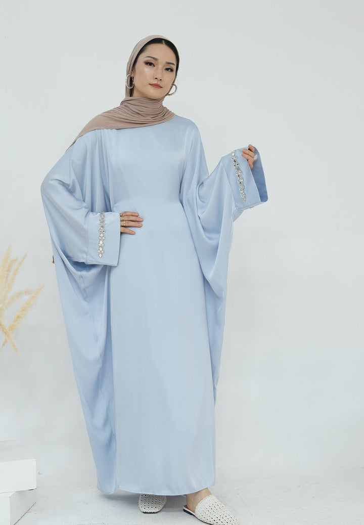 Get trendy with Delisa Butterfly Satin Abaya - Blue -  available at Voilee NY. Grab yours for $74.90 today!