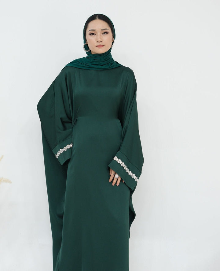 Get trendy with Delisa Butterfly Satin Abaya - Emerald -  available at Voilee NY. Grab yours for $74.90 today!