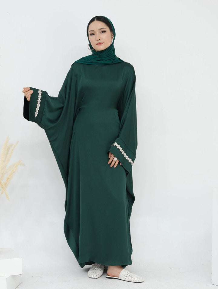 Get trendy with Delisa Butterfly Satin Abaya - Emerald -  available at Voilee NY. Grab yours for $74.90 today!