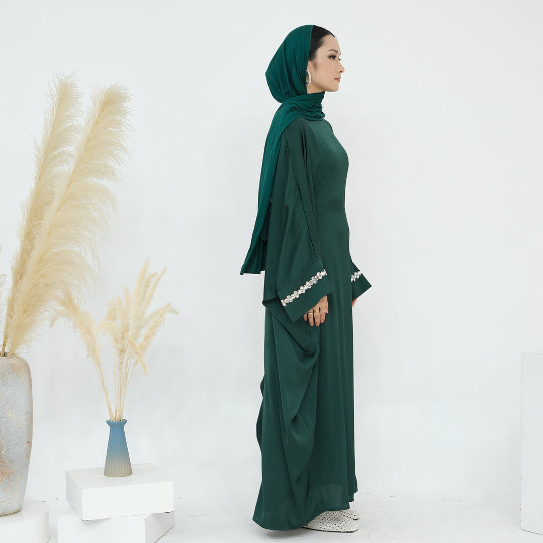 Get trendy with Delisa Butterfly Satin Abaya - Emerald -  available at Voilee NY. Grab yours for $74.90 today!