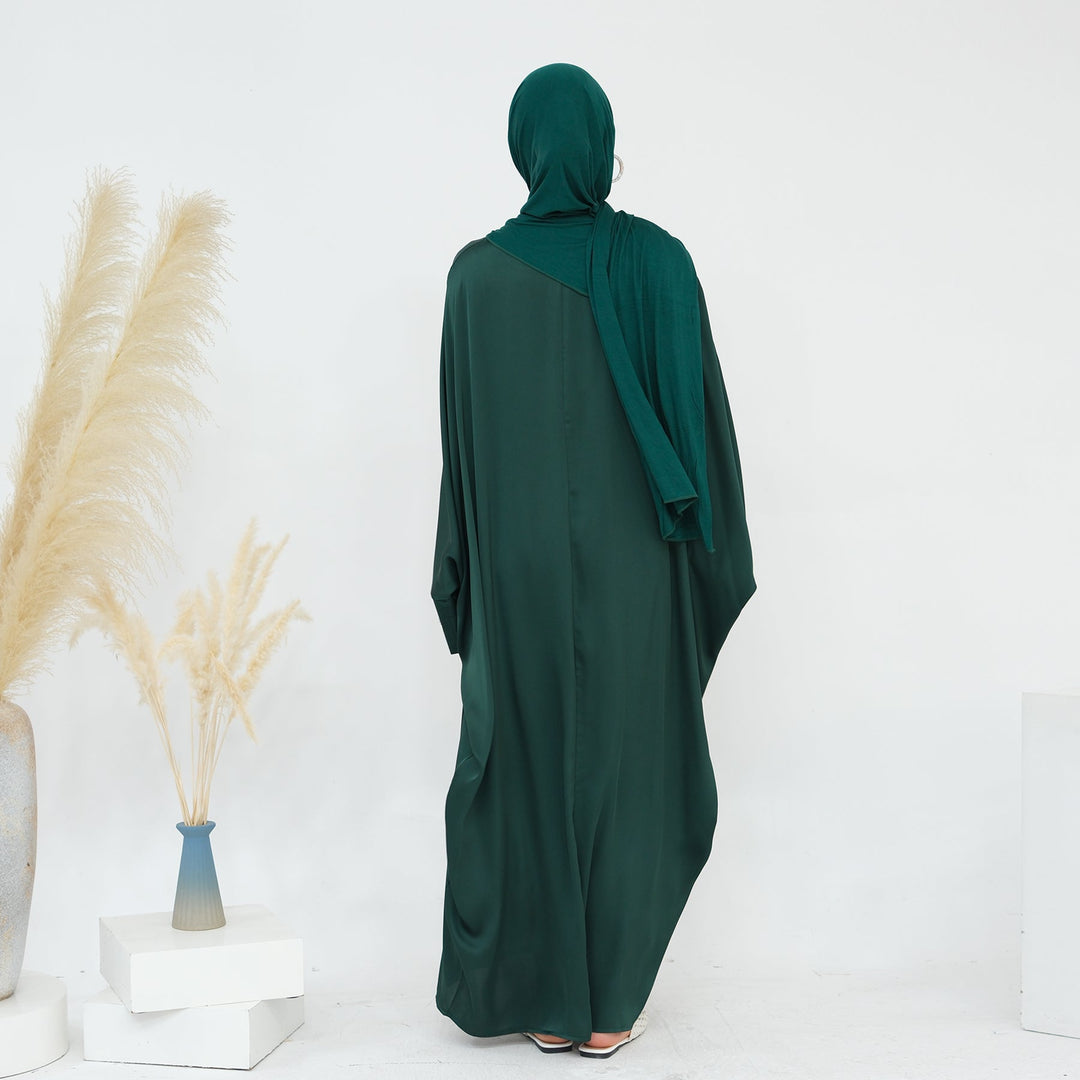 Get trendy with Delisa Butterfly Satin Abaya - Emerald -  available at Voilee NY. Grab yours for $74.90 today!