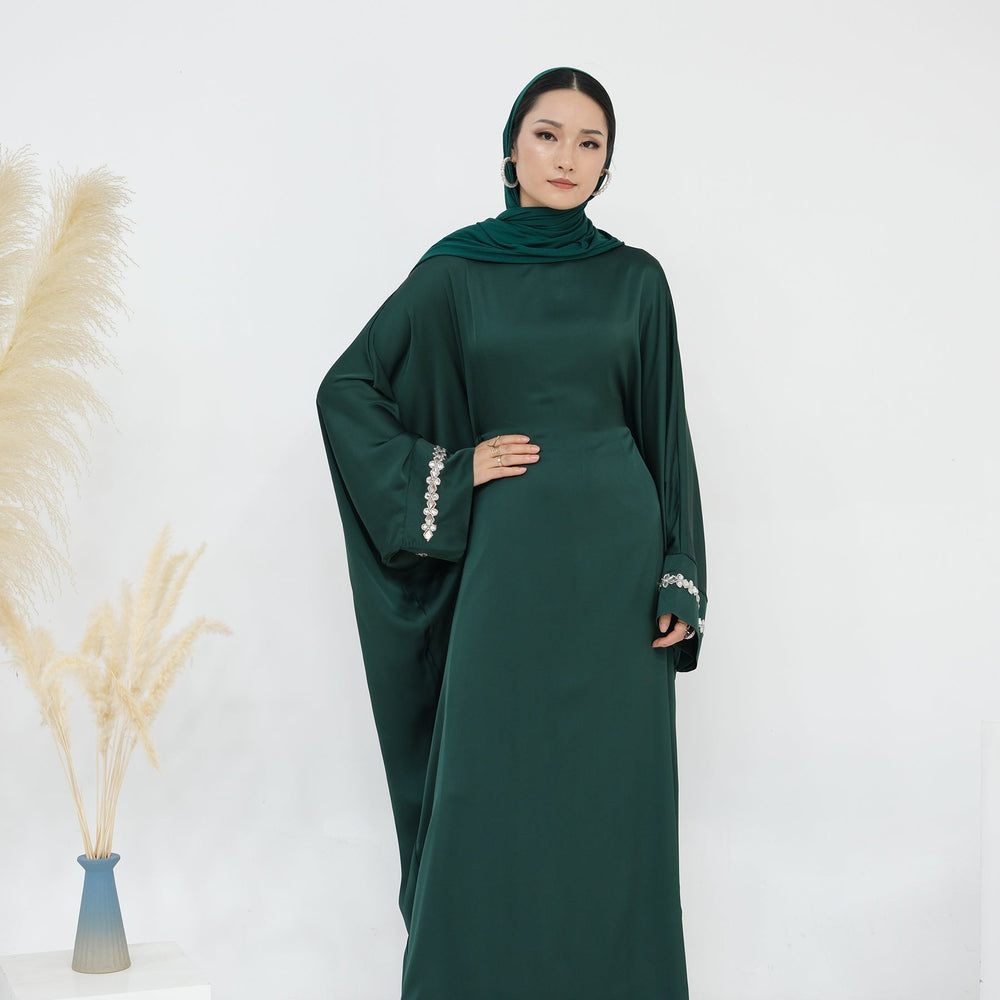 Get trendy with Delisa Butterfly Satin Abaya - Emerald -  available at Voilee NY. Grab yours for $74.90 today!