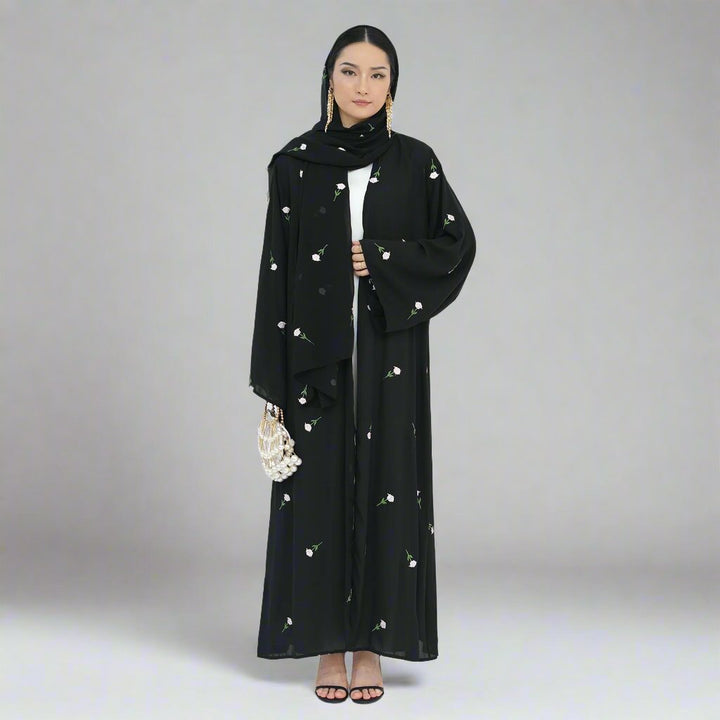 Get trendy with Aneela Chiffon Open Abaya Kimono Set - Black - Cardigan available at Voilee NY. Grab yours for $69.90 today!