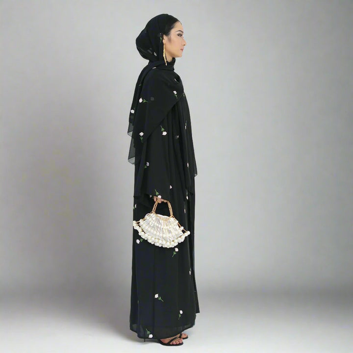 Get trendy with Aneela Chiffon Open Abaya Kimono Set - Black - Cardigan available at Voilee NY. Grab yours for $69.90 today!