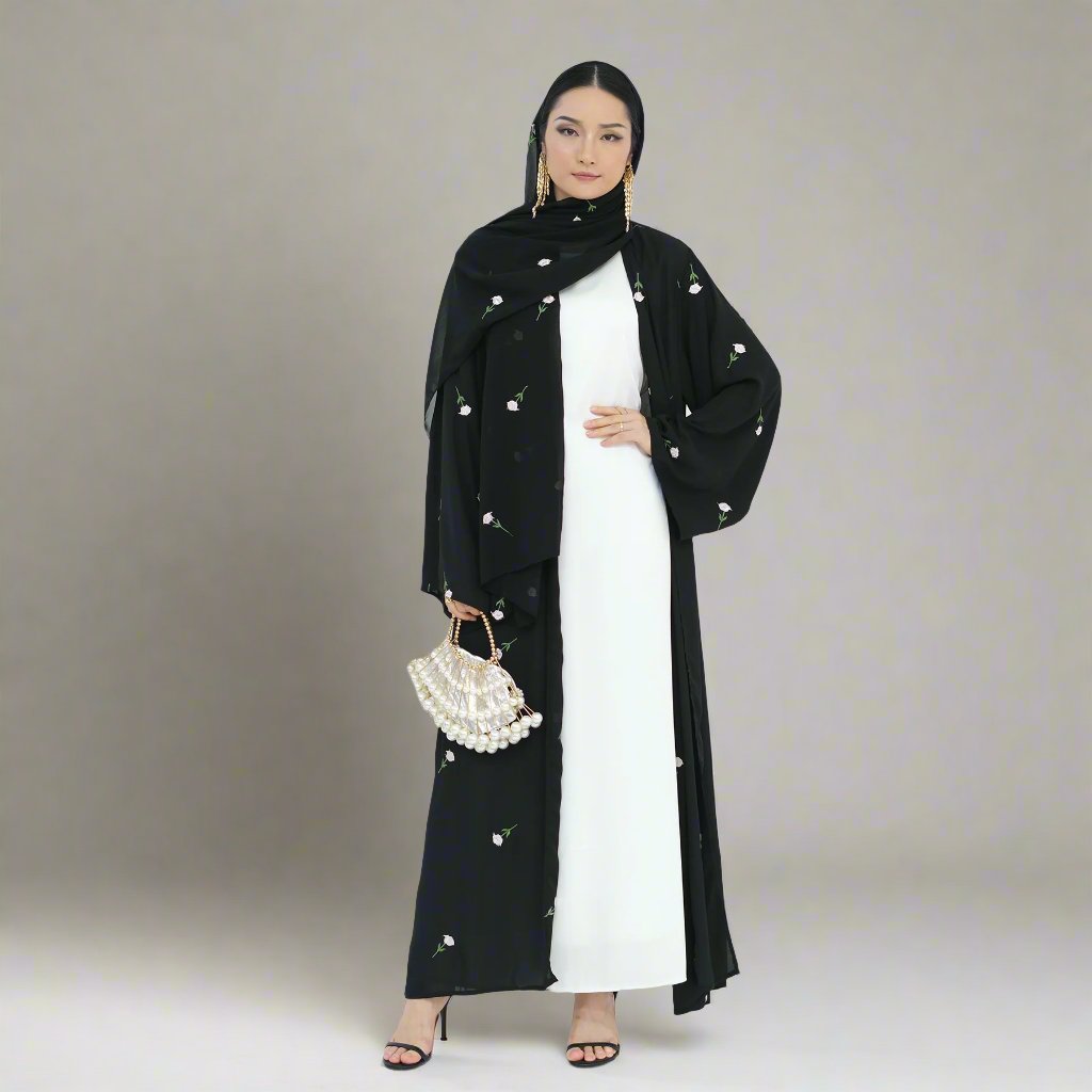 Get trendy with Aneela Chiffon Open Abaya Kimono Set - Black - Cardigan available at Voilee NY. Grab yours for $69.90 today!