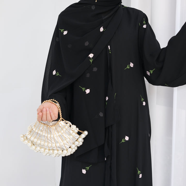 Get trendy with Aneela Chiffon Open Abaya Kimono Set - Black - Cardigan available at Voilee NY. Grab yours for $69.90 today!