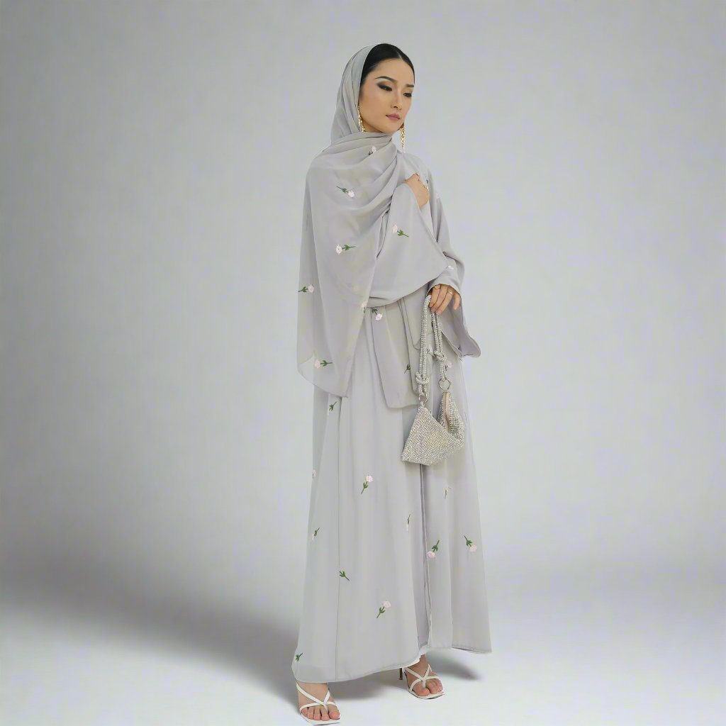 Get trendy with Aneela Chiffon Open Abaya Kimono Set - Gray - Cardigan available at Voilee NY. Grab yours for $69.90 today!