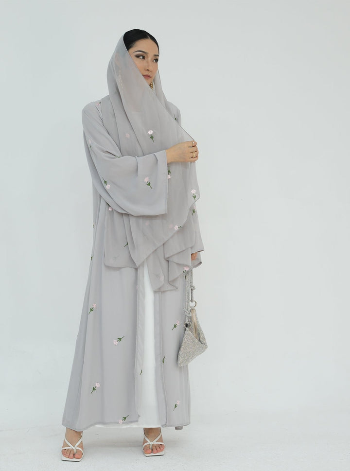 Get trendy with Aneela Chiffon Open Abaya Kimono Set - Gray - Cardigan available at Voilee NY. Grab yours for $69.90 today!