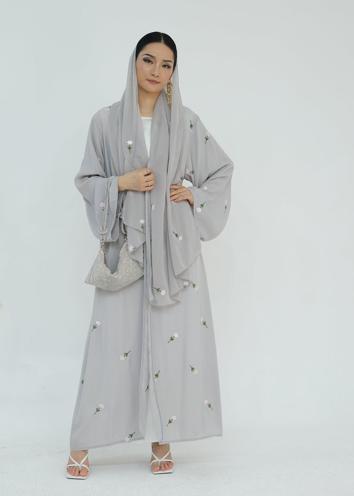 Get trendy with Aneela Chiffon Open Abaya Kimono Set - Gray - Cardigan available at Voilee NY. Grab yours for $69.90 today!