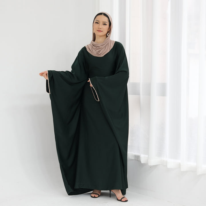 Get trendy with Davina Butterfly Satin Abaya - Emerald -  available at Voilee NY. Grab yours for $69.90 today!