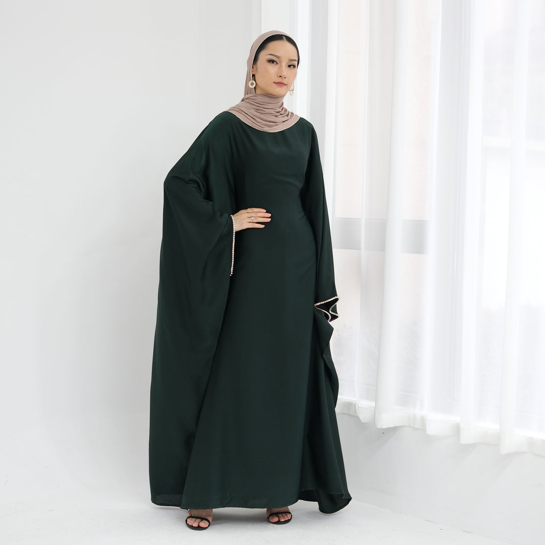 Get trendy with Davina Butterfly Satin Abaya - Emerald -  available at Voilee NY. Grab yours for $69.90 today!