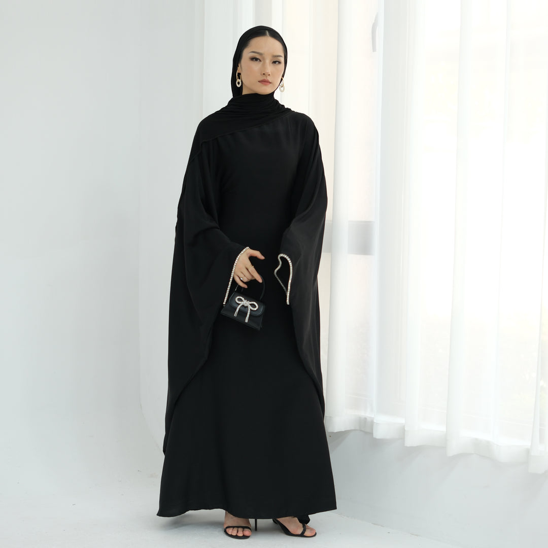 Get trendy with Davina Butterfly Satin Abaya - Black -  available at Voilee NY. Grab yours for $69.90 today!