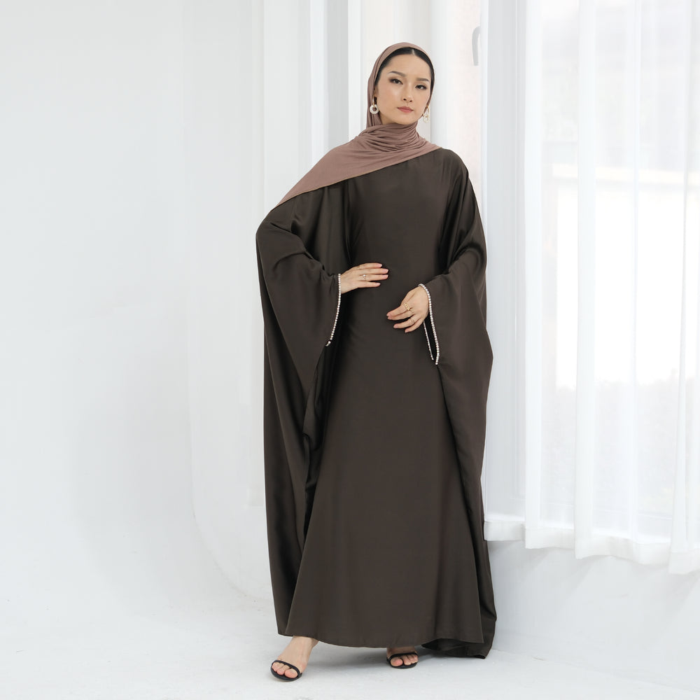 Get trendy with Davina Butterfly Satin Abaya - Coffee -  available at Voilee NY. Grab yours for $69.90 today!