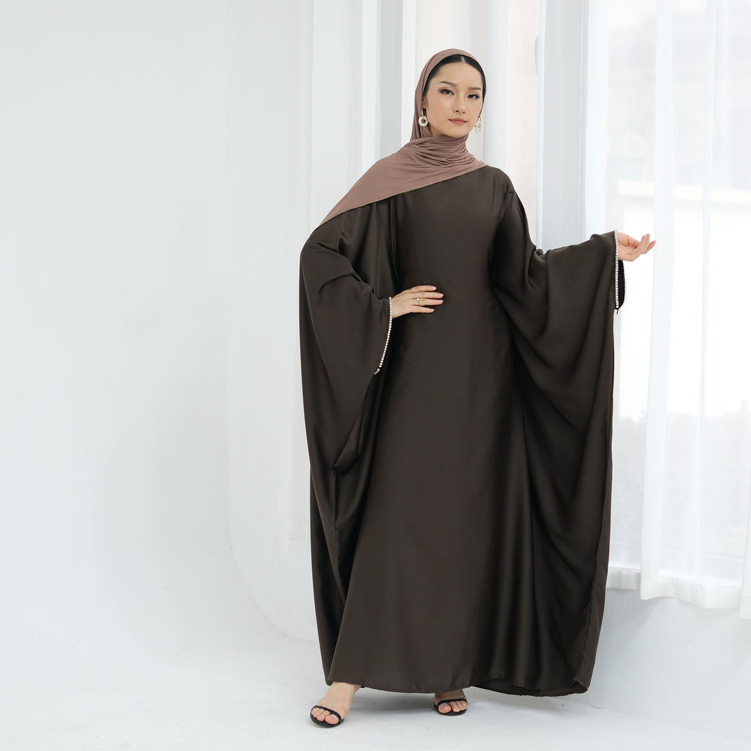 Get trendy with Davina Butterfly Satin Abaya - Coffee -  available at Voilee NY. Grab yours for $69.90 today!