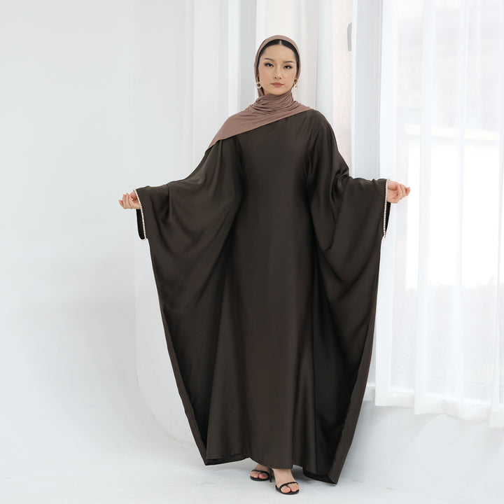 Get trendy with Davina Butterfly Satin Abaya - Coffee -  available at Voilee NY. Grab yours for $69.90 today!