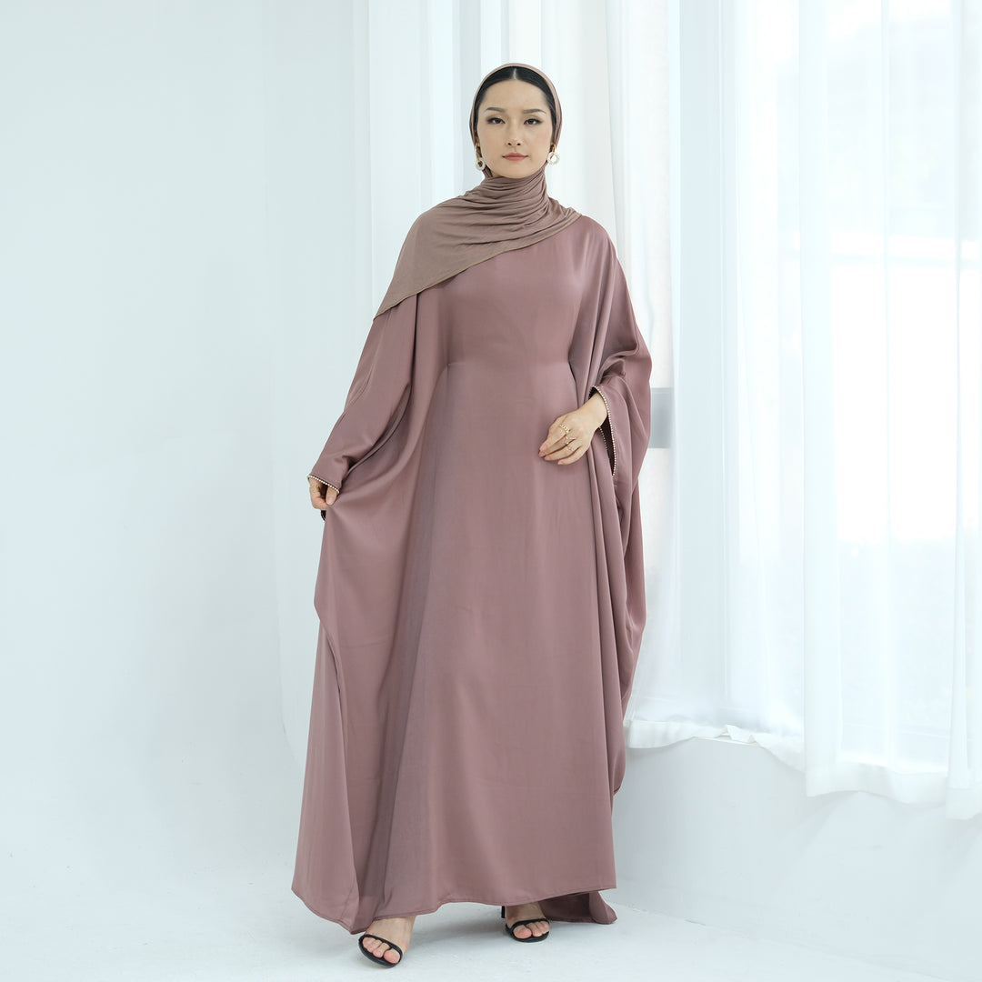 Get trendy with Davina Butterfly Satin Abaya - Mauve -  available at Voilee NY. Grab yours for $69.90 today!