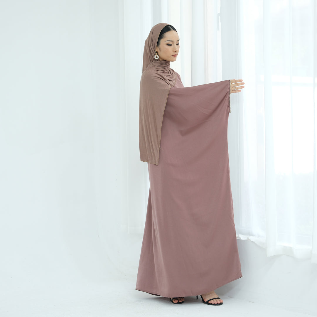 Get trendy with Davina Butterfly Satin Abaya - Mauve -  available at Voilee NY. Grab yours for $69.90 today!