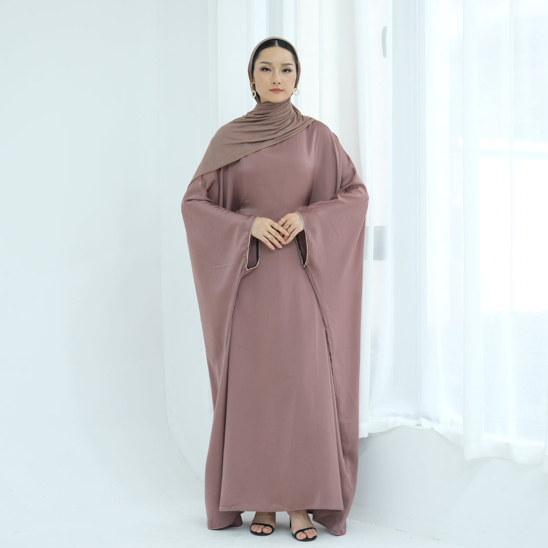 Get trendy with Davina Butterfly Satin Abaya - Mauve -  available at Voilee NY. Grab yours for $69.90 today!