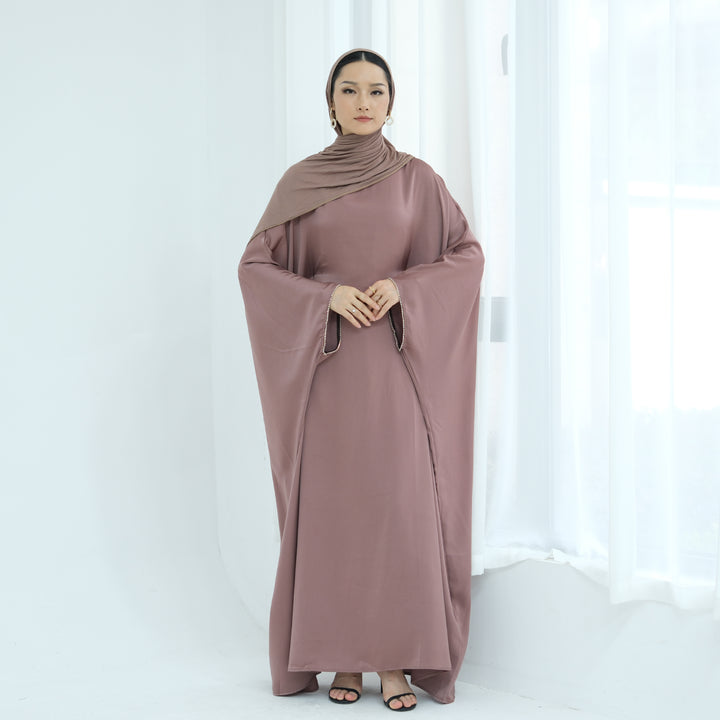 Get trendy with Davina Butterfly Satin Abaya - Mauve -  available at Voilee NY. Grab yours for $69.90 today!