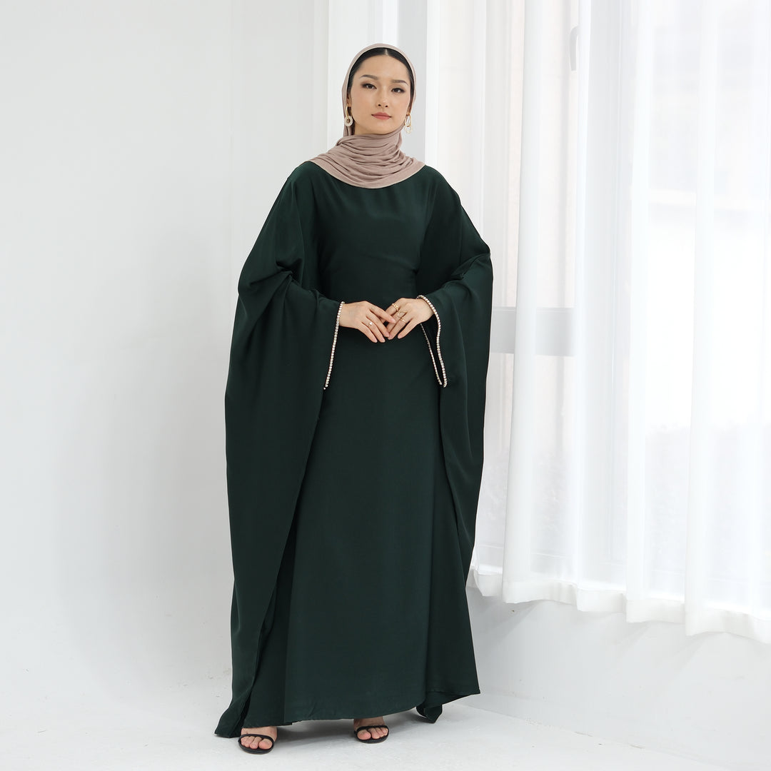 Get trendy with Davina Butterfly Satin Abaya - Emerald -  available at Voilee NY. Grab yours for $69.90 today!