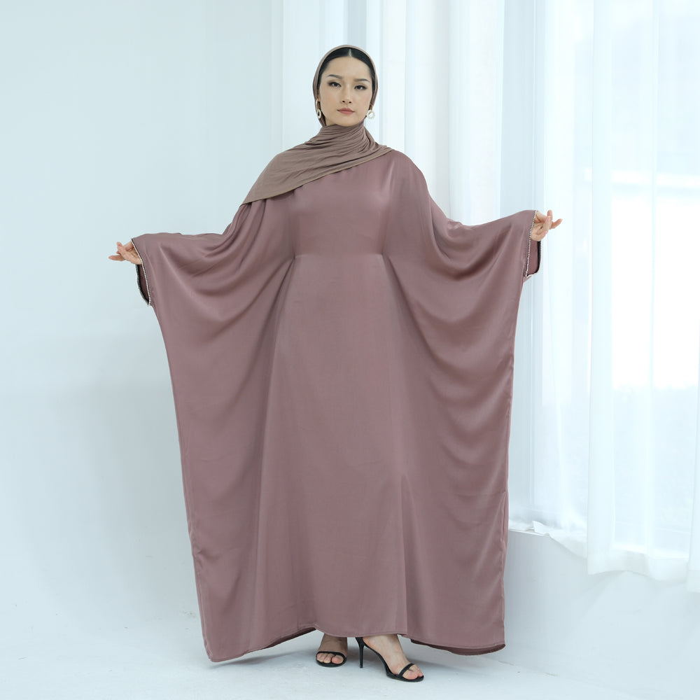 Get trendy with Davina Butterfly Satin Abaya - Mauve -  available at Voilee NY. Grab yours for $69.90 today!