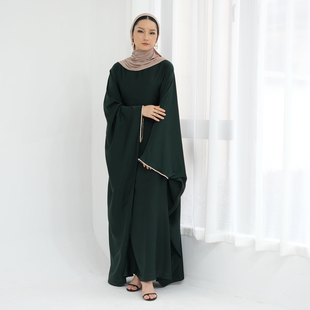 Get trendy with Davina Butterfly Satin Abaya - Emerald -  available at Voilee NY. Grab yours for $69.90 today!