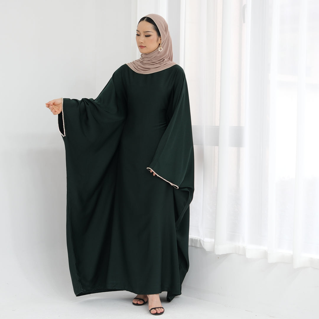 Get trendy with Davina Butterfly Satin Abaya - Emerald -  available at Voilee NY. Grab yours for $69.90 today!