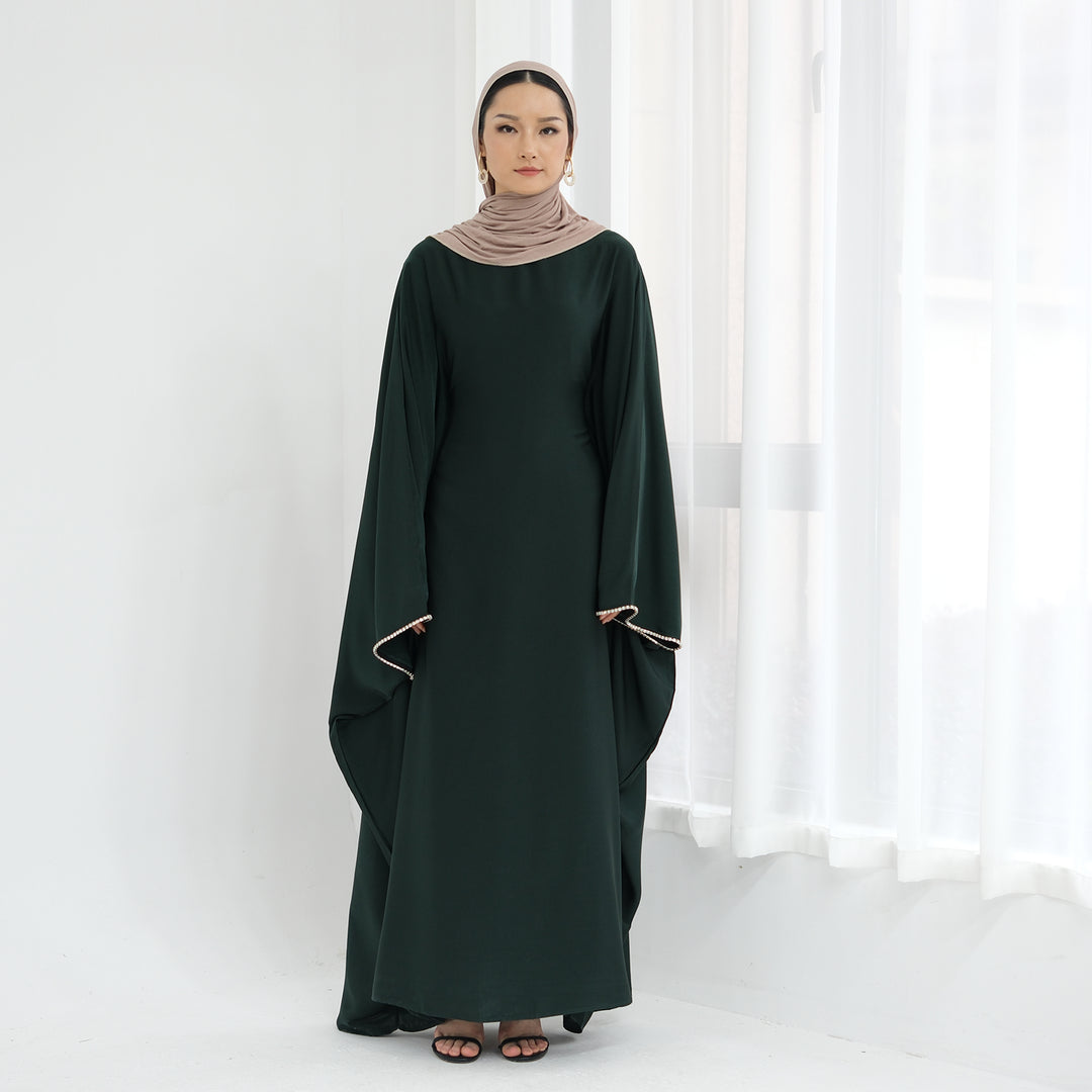 Get trendy with Davina Butterfly Satin Abaya - Emerald -  available at Voilee NY. Grab yours for $69.90 today!