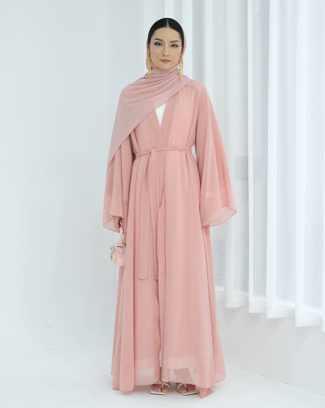 Get trendy with Sunny Layered Open Abaya Kimono - Coral -  available at Voilee NY. Grab yours for $69.90 today!