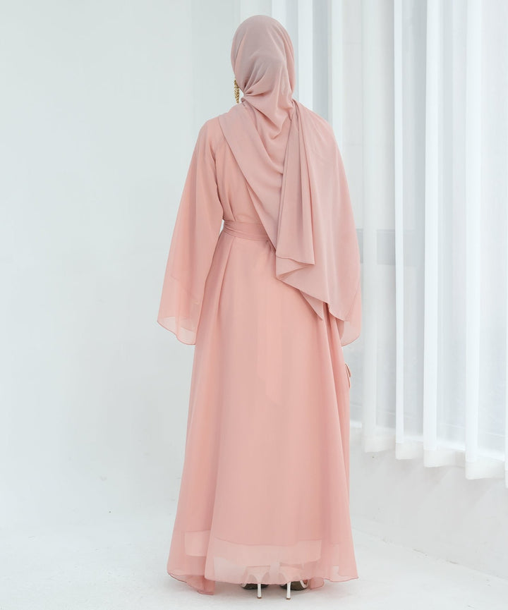 Get trendy with Sunny Layered Open Abaya Kimono - Coral -  available at Voilee NY. Grab yours for $69.90 today!