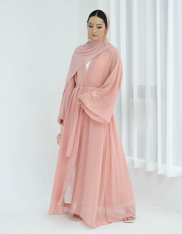 Get trendy with Sunny Layered Open Abaya Kimono - Coral -  available at Voilee NY. Grab yours for $69.90 today!