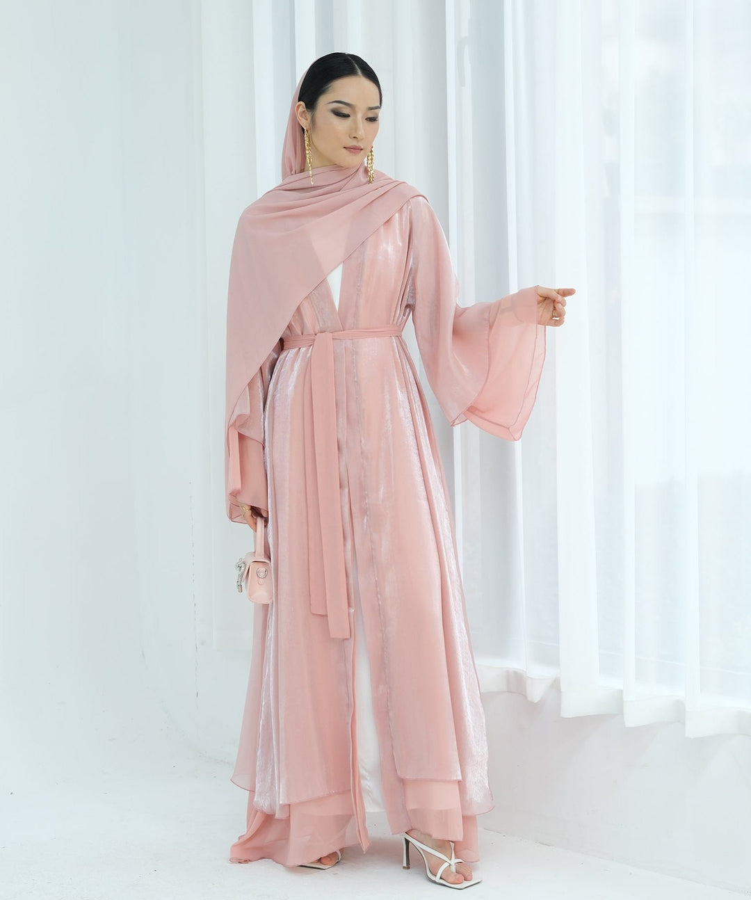 Get trendy with Sunny Layered Open Abaya Kimono - Coral -  available at Voilee NY. Grab yours for $69.90 today!